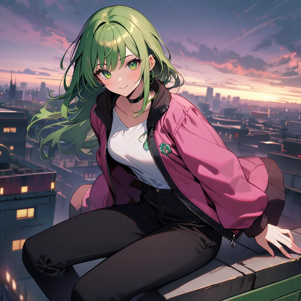 (well done: 1) woman, shoulder-length, slightly wavy green hair with green tips, green barrette in her hair, green eyes, black choker, white shirt, pink jacket with green details, black pants, green sneakers. sitting on top of a building.