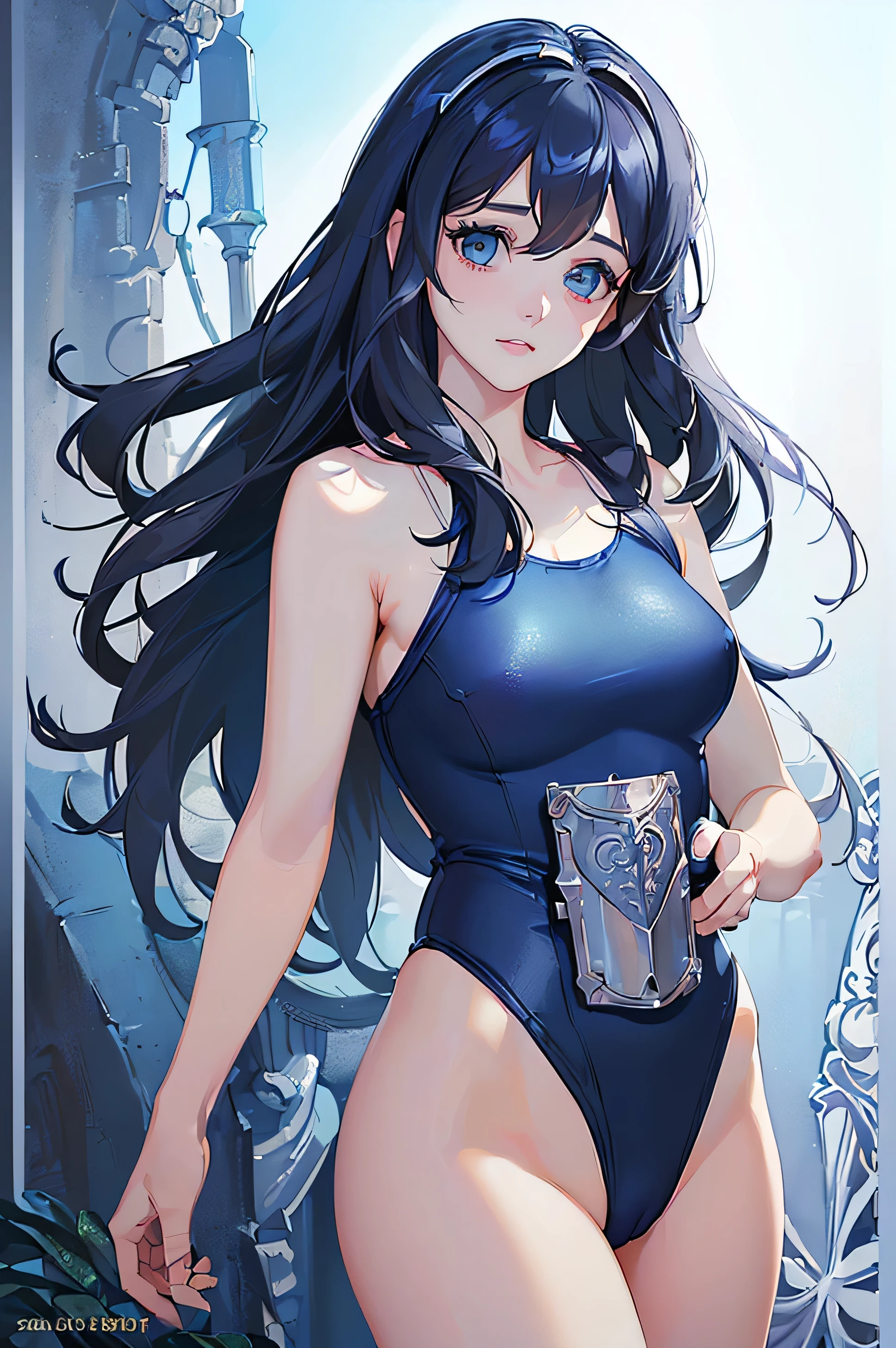 1(((masterpiece,best quality,highest quality,details)))fashion model ((( zooey deschanel 20 years old))), (((blue straight hair ))), (((very pale skin))),((((armor over one piece swimsuit))),[[[[closeup]]]], [[[[chest]]]], [[[[neck]]]], [[[[shoulders]]]], (((perfect light blue eyes))), perfect iris, perfect lips, perfect teeth, perfect skin, soft front light, glow, HDR, (muted colors:1.2)