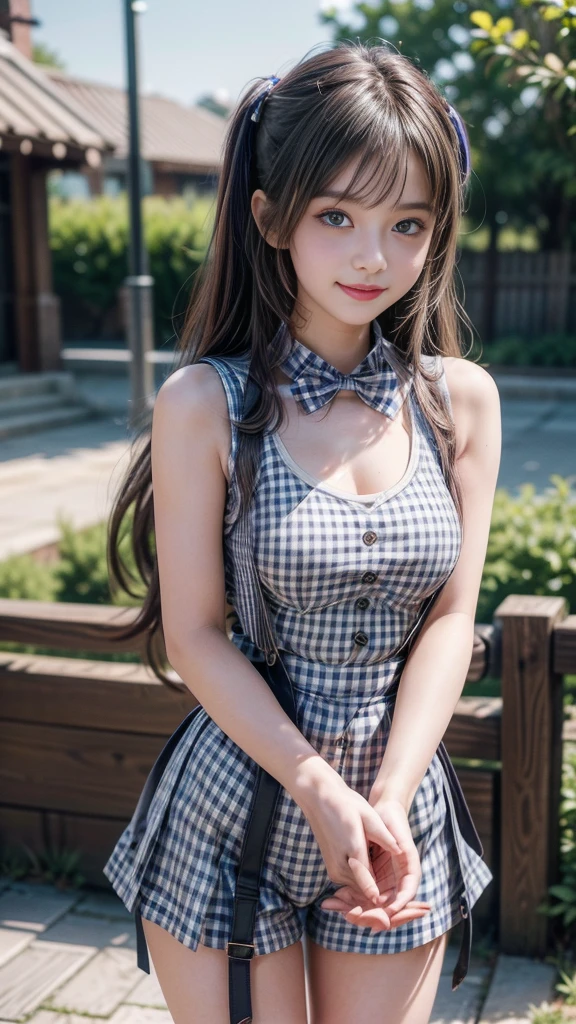 ((A beautiful girl wearing suspenders to accentuate her breasts)), (Cute school girl, , Baby-faced g1.5, Idol Face:1.2), (Cute gingham checked outfit:1.3), Short Hair, Small beautiful breasts, Slender body line, Ultimate Beauty, ((Detailed eyes and face:1.2, Professional photography techniques)), Beautiful eyes wide open, Captivating Lips, Sexy look, (Highest quality, 8K, masterpiece:1.2, RAW Photos), (Photorealism:1.4), (Detailed hands and arms), (Delicate and beautiful hands of a girl:1.2), (Perfect Anatomy:1.2)