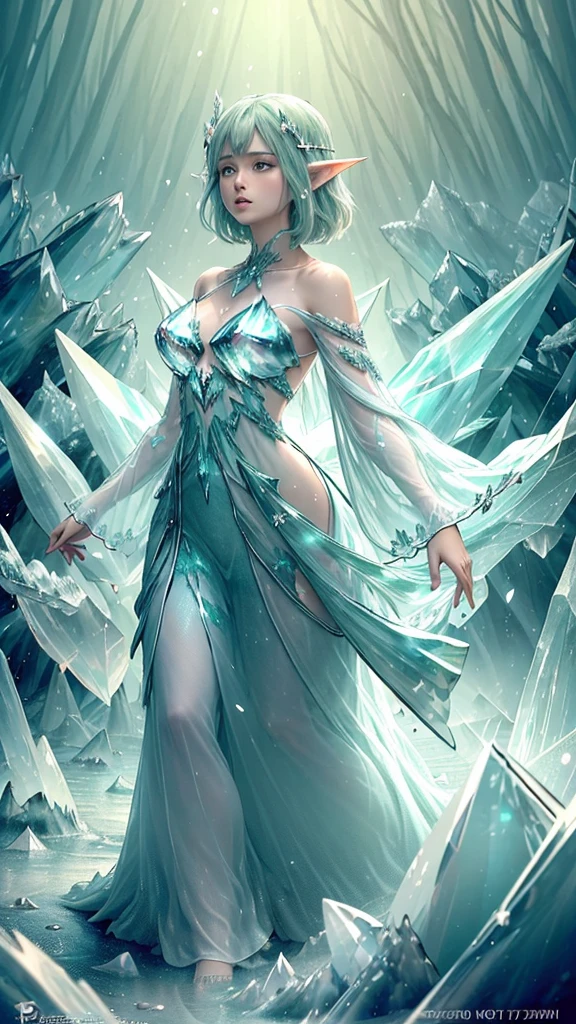 (Masterpiece, Top Quality, Best, Official Art, Beautiful and Aesthetic, Long Exposure: 1.2), Smooth Movement, Charming Patterns, 1 Girl, (Long Dress with Sleeves: 1.3), (((Green Clothes) )), upper body close-up, bare shoulders, Chinese girl, blush, black lob hair, portrait, solo, upper body, looking at the observer, detailed background, detailed face, (crystallineAI, crystalline theme:1.1), elemental wood elf, rotation foliage, control foliage, emerald clothing, dynamic pose, floating particles, ethereal dynamics, foliage, vapor, forest in the background, green tint, forest, ethereal atmosphere,