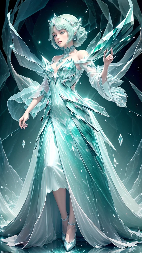 (Masterpiece, Top Quality, Best, Official Art, Beautiful and Aesthetic, Long Exposure: 1.2), Smooth Movement, Charming Patterns, 1 Girl, (Long Dress with Sleeves: 1.3), (((Green Clothes) )), upper body close-up, bare shoulders, Chinese girl, blush, black lob hair, portrait, solo, upper body, looking at the observer, detailed background, detailed face, (crystallineAI, crystalline theme:1.1), elemental wood elf, rotation foliage, control foliage, emerald clothing, dynamic pose, floating particles, ethereal dynamics, foliage, vapor, forest in the background, green tint, forest, ethereal atmosphere,