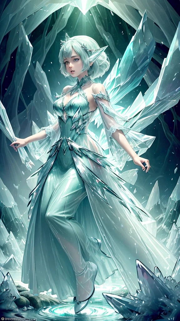 (Masterpiece, Top Quality, Best, Official Art, Beautiful and Aesthetic, Long Exposure: 1.2), Smooth Movement, Charming Patterns, 1 Girl, (Long Dress with Sleeves: 1.3), (((Green Clothes) )), upper body close-up, bare shoulders, Chinese girl, blush, black lob hair, portrait, solo, upper body, looking at the observer, detailed background, detailed face, (crystallineAI, crystalline theme:1.1), elemental wood elf, rotation foliage, control foliage, emerald clothing, dynamic pose, floating particles, ethereal dynamics, foliage, vapor, forest in the background, green tint, forest, ethereal atmosphere,