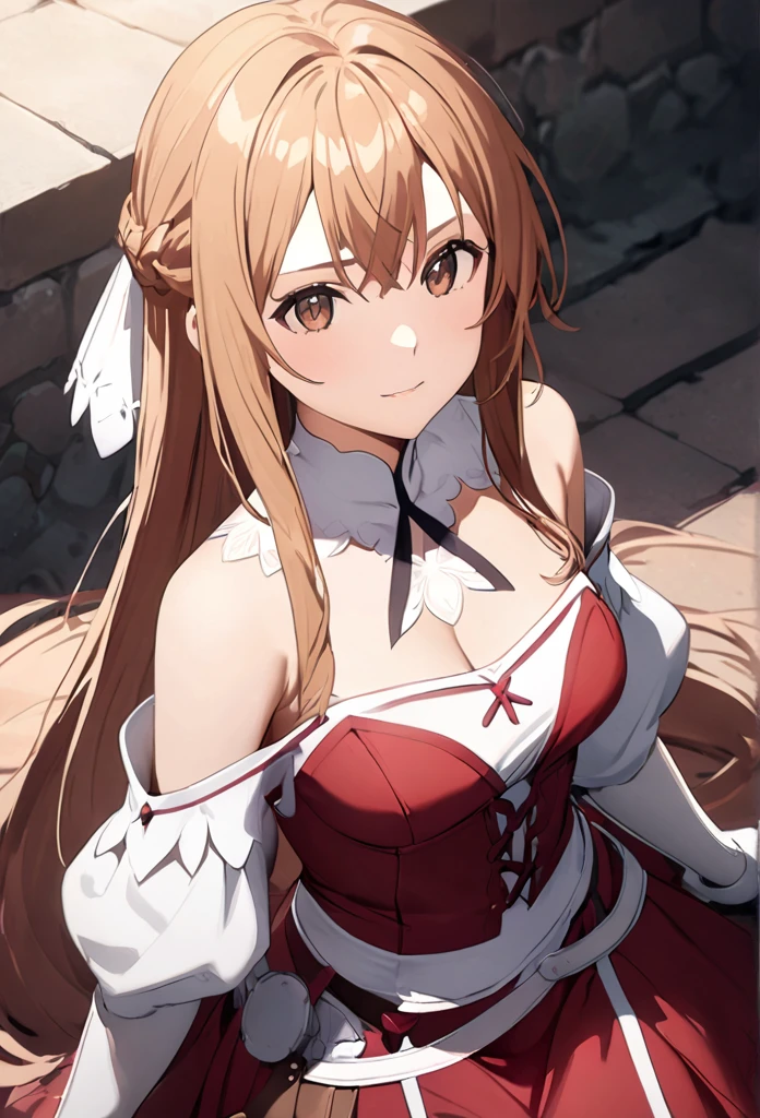 ((masterpiece)), Highest quality, Very detailed,(One Girl),Yuki Asuna, Brown eyes,  Bare shoulders, chest当て, armor, Removable sleeves, gloves, white gloves, dress, (red and white dress), Long Hair, Beautiful background ,clothing,  chest, 