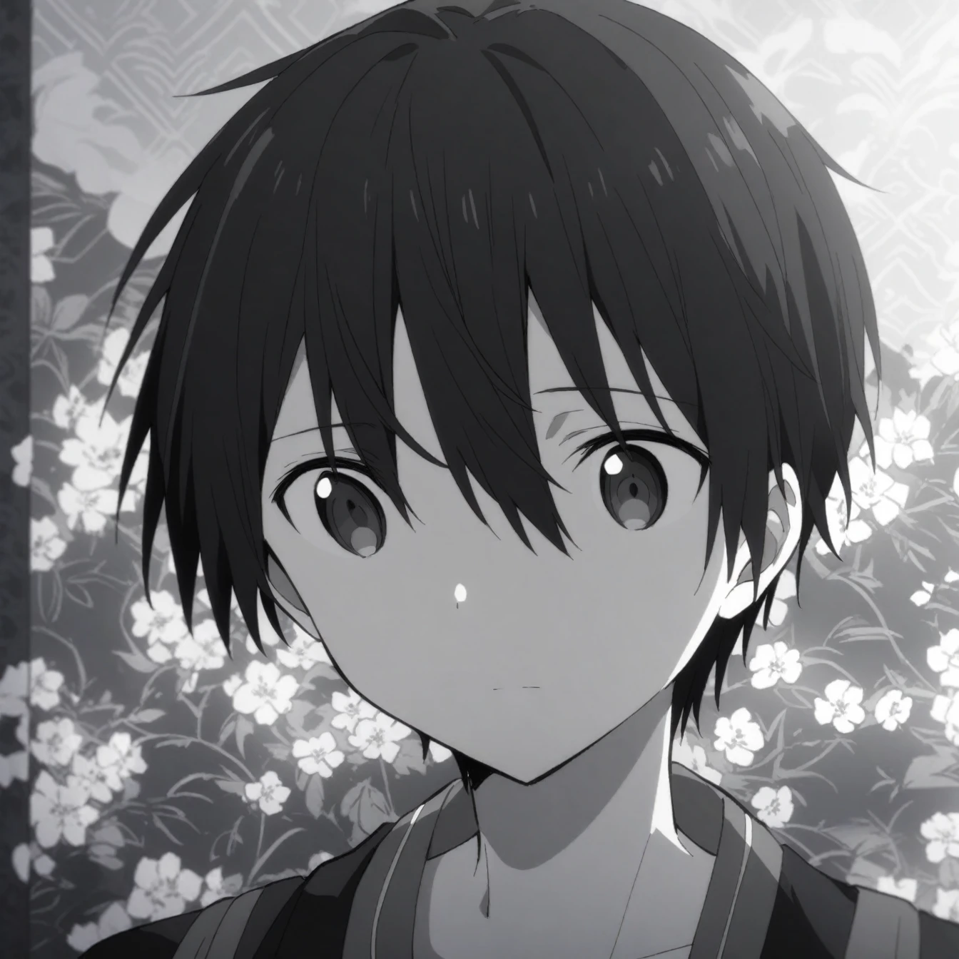 Beautiful anime portrait,Black and gray monochrome，Oriental Wallpaper，Pink，Feeling，very anime style，1boy,Kirigaya Kazuto,Kirito ,Flowers，Close-up，Soft Light，Rich in details，The expression is firm，Kimono decoration，Background blur，Vivid colors，情Feeling深沉，front，Black eyes