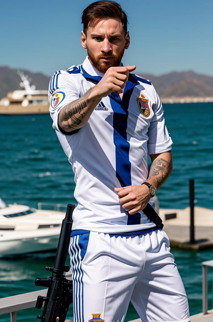 Lionel Andrés Messi dressed as a sailor with a gun