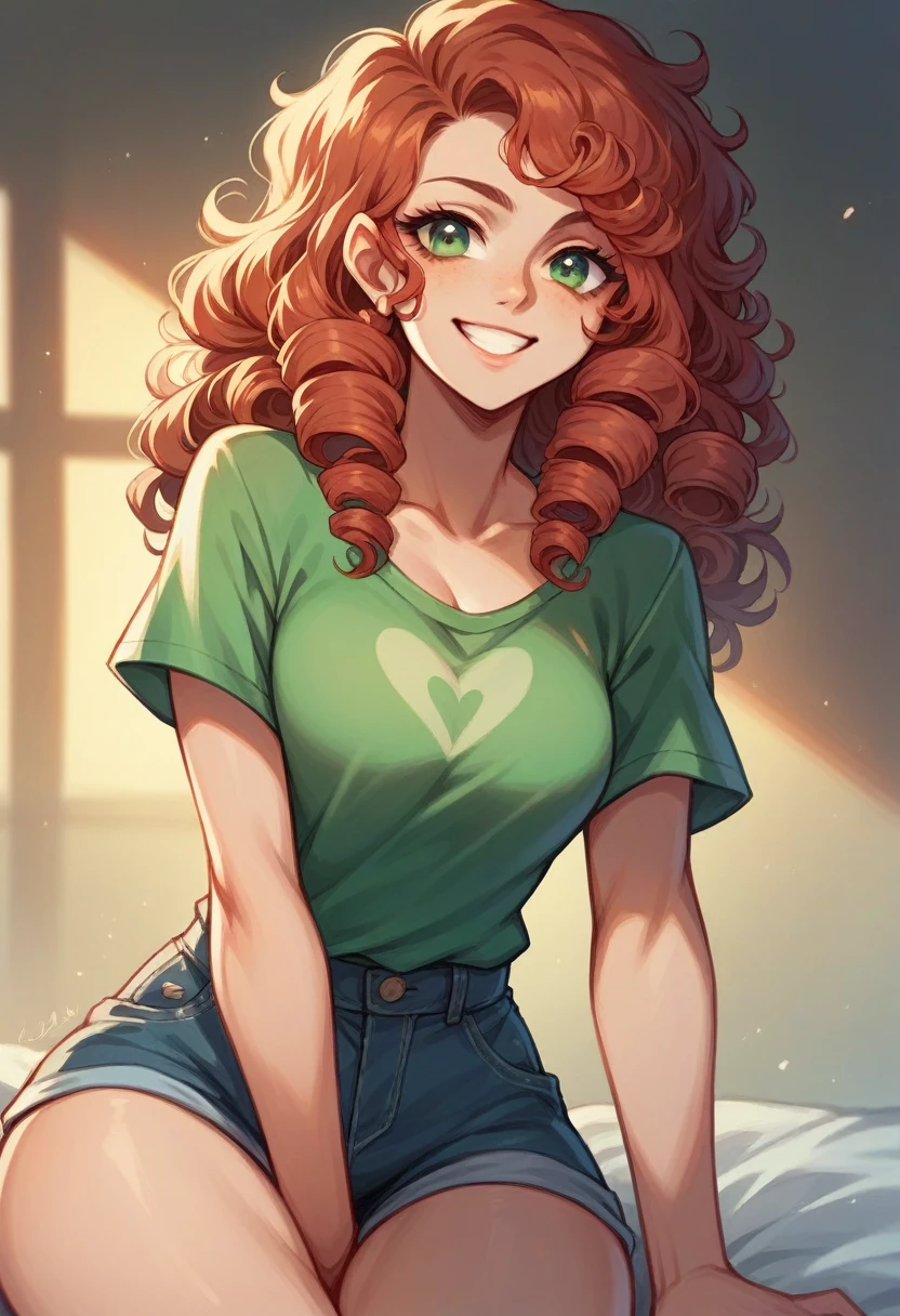 Curly red hair, vivid green eyes female, smile