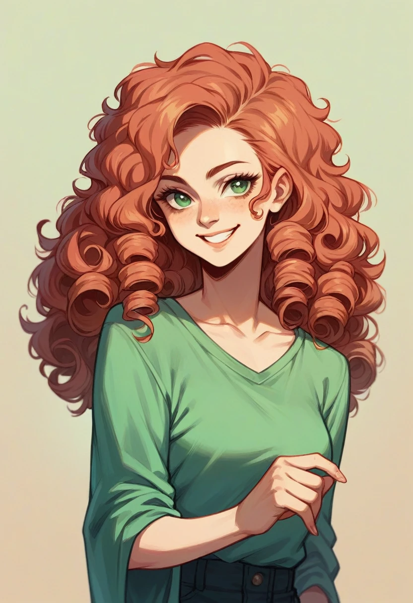 Curly red hair, vivid green eyes female, smile