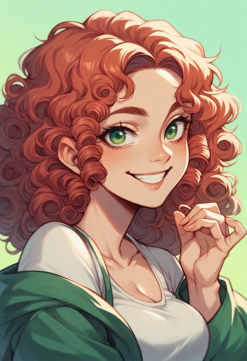 Curly red hair, vivid green eyes female, smile
