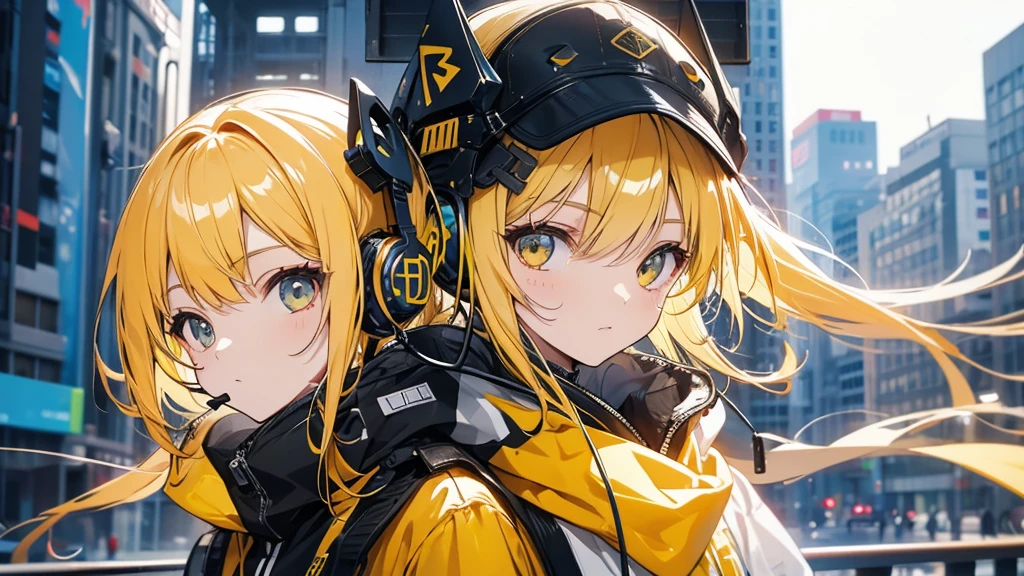 Girl wearing headphones。Yellow Hair。