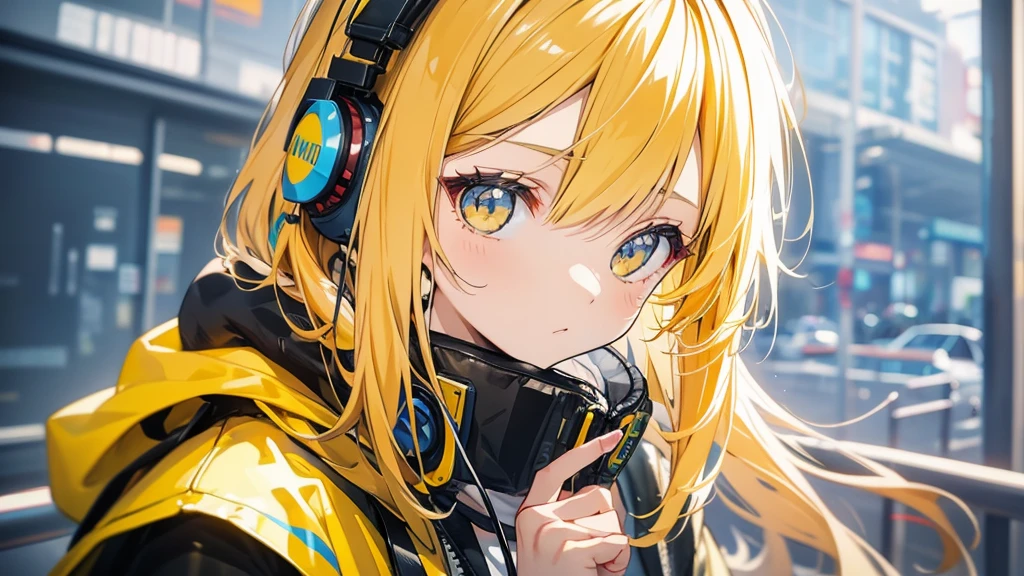 Girl wearing headphones。Yellow Hair。