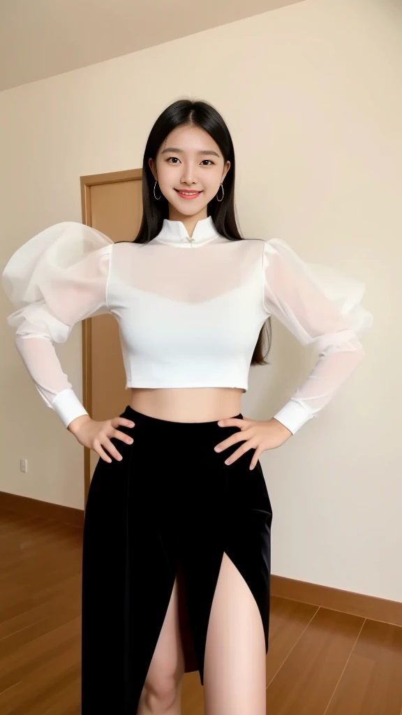 wonderful young girl,Clear eyes,black礼服, curvy arms, Incredibly beautiful, Confident smile，Strong posture, very beautiful, arms aside, 4 legs!, Showing legs,Long legs,black,Normal hand, Slender figure,21 years old,Korean