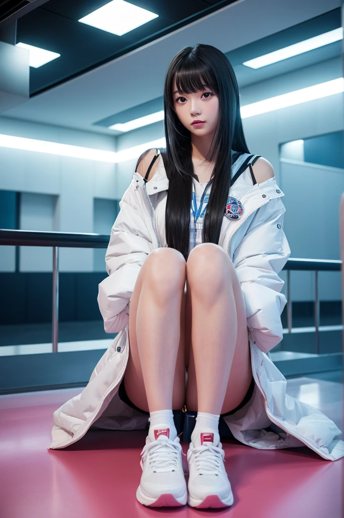 A beautiful Japanese girl is shown sitting in a futuristic interior.。Her long black hair falls naturally over her shoulders、Bangs fall on the forehead。Her big eyes are staring at the camera、It looks as if it is searching for something.。A light pink lipstick accentuates her lips.。

Her outfit consisted of a white jacket and shorts.、It has a futuristic design。Particularly eye-catching are:、With white straps around her legs、Highlights a unique style。White sneakers are also included.、The overall look is clean and stylish.。

Background、A futuristic corridor lit by pale neon lights.。There are complex wiring on the walls and ceilings.、It creates an atmosphere like the inside of a spaceship.。The blue light reflects off her face and dress.、It further emphasizes the fantastic atmosphere.。

her pose is relaxed、Place one hand on the floor、Sitting on one knee upright。This pose expresses her confidence and poise.、It matches the overall atmosphere。

This image is、The composition brings out the charm of this futuristic and cool girl.、Make a strong impression on the viewer。

-