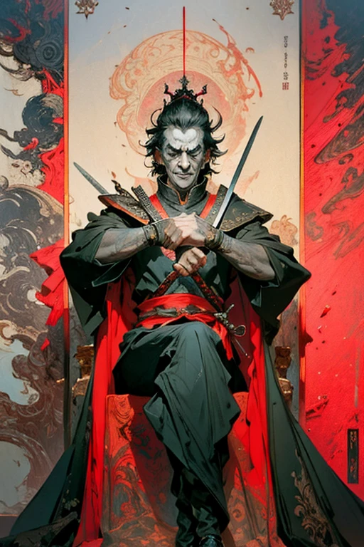 Masterpiece, Ultra-Detailed portrait, detailed illustration, high quality, high resolution 16k man in a crown sits on a throne with a sword, the great stokor king, lord of hell on the throne, The Medieval Old King, King Richard the Lionheart, the king of death, The King of Hell, Richard IV king of Rome, Sitting on the Iron Throne, Anato Finnstark!!, Robert De Niro as Medieval Joker, Jaime Lannister