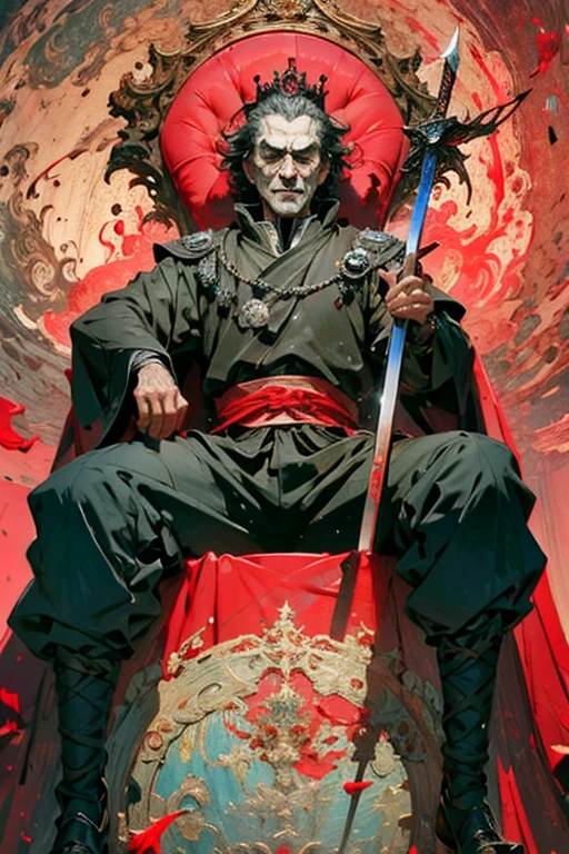 Masterpiece, Ultra-Detailed portrait, detailed illustration, high quality, high resolution 16k man in a crown sits on a throne with a sword, the great stokor king, lord of hell on the throne, The Medieval Old King, King Richard the Lionheart, the king of death, The King of Hell, Richard IV king of Rome, Sitting on the Iron Throne, Anato Finnstark!!, Robert De Niro as Medieval Joker, Jaime Lannister