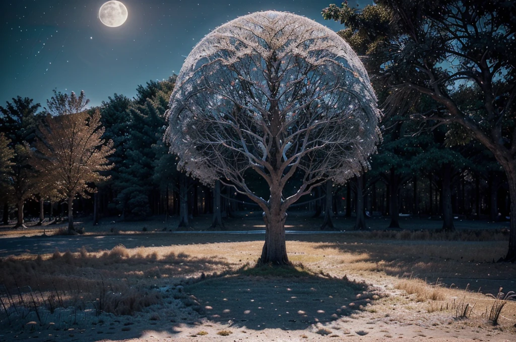 Very beautiful epic and grandiose landscape..., (very strange tree...), (Intricate tree), (one single tree),(breathtaking landscape with one strange tree), (full moon), Ultra-Detailed Photo, HDR, uhd, 16K, (perfect lighting), a masterpiece combination of bright colors and liquid shades, professional landscape photo shoot, super detailed photo, world photographers,