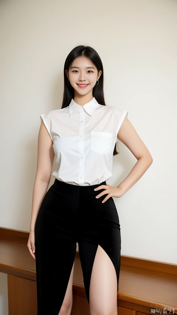 wonderful young girl,Clear eyes,black礼服, curvy arms, Incredibly beautiful, Confident smile，Strong posture, very beautiful, arms aside, 4 legs!, Showing legs,Long legs,black,Normal hand, Slender figure,21 years old,Korean