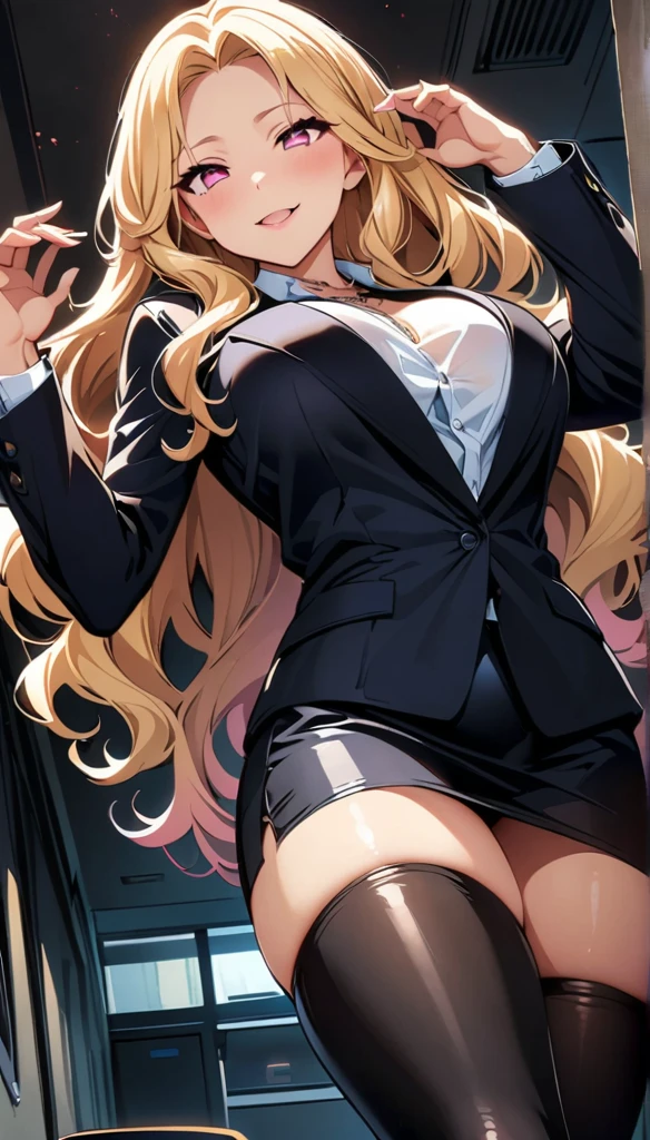 (highest quality:1.2,evil lady,cg, Very detailed, High Detail, digital coloring, High Contrast, masterpiece:1.2,suits, highest quality, Best aesthetics), 8k,masterpiece, cute,tall,beautiful,best quality, 1lady,blonde hair,long hair,wavy hair,empty eyes, (finely detailed glowing eyes and detailed face),,,,extremely detailed cg unity 8k wallpaper,solo,(latex military costume:0.9),large breasts,seductive smile,,latex thighhigh,large breasts,black hair,pink eyes,no jacket,formal shirts,thighhigh,,enamel suits,grossy lips,sitting,tight skirt,sadistic smile,,heel,shiny skin,tight skirt,detailed face,beautiful body,,adult,,show me breasts,sadistic,seductive smile,business suits,latex,no tie,bust shot,open mouth,necklace,office room,from below,burikko pose