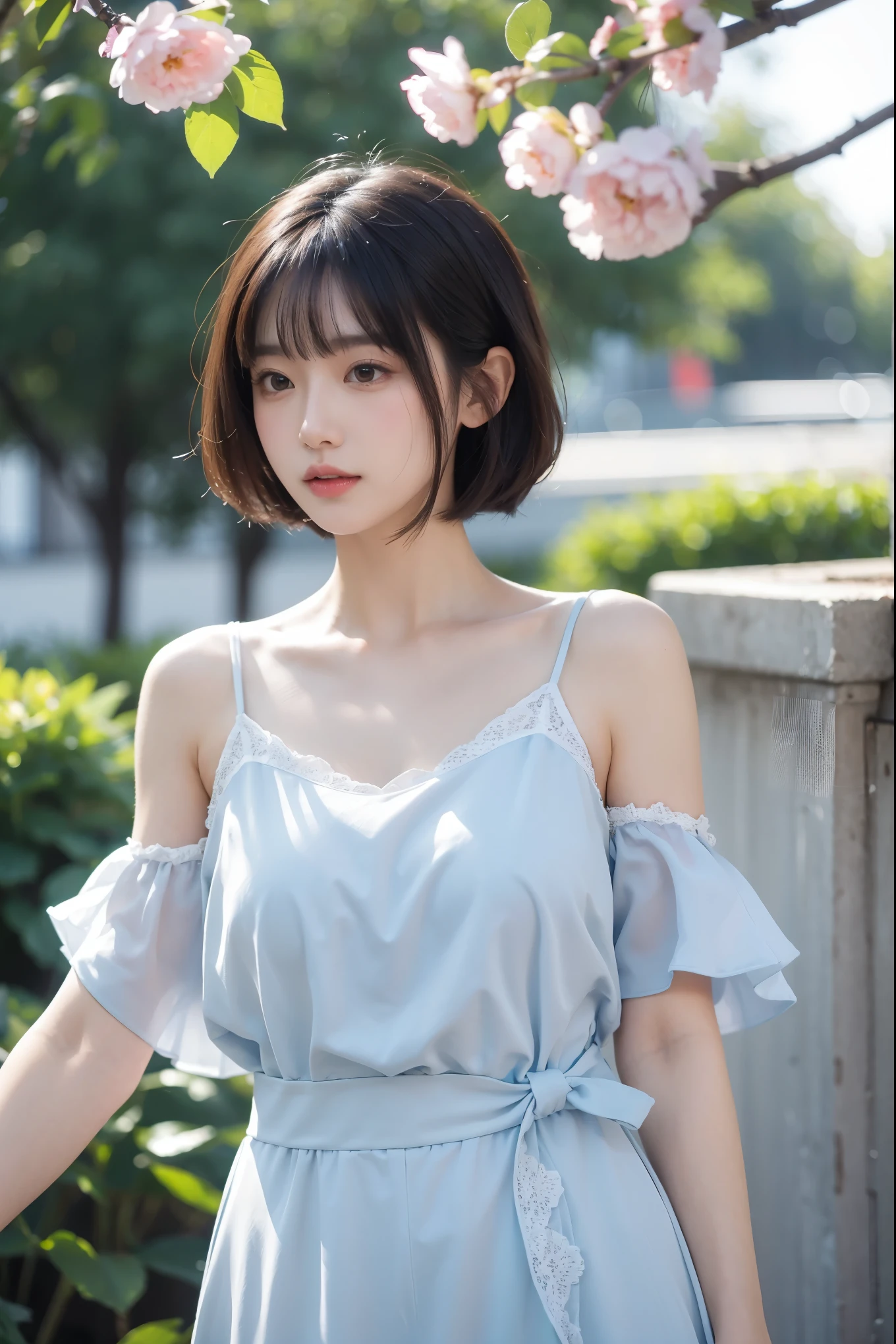 1girl,solo,long hair,realistic,lips,parted lips,upper body,blurry background,floating petals,jitome,cute,short hair