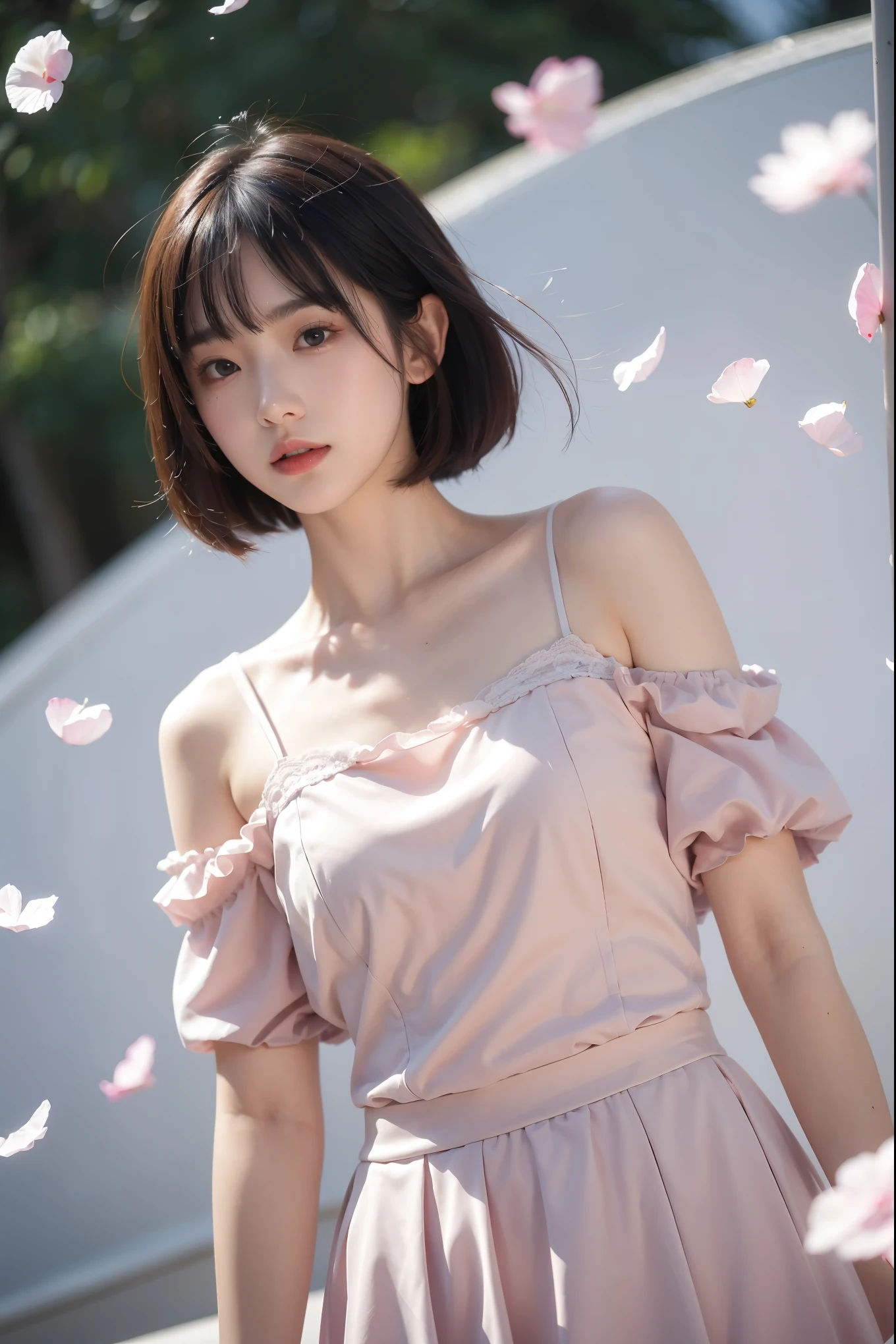 1girl,solo,long hair,realistic,lips,parted lips,upper body,blurry background,floating petals,jitome,cute,short hair