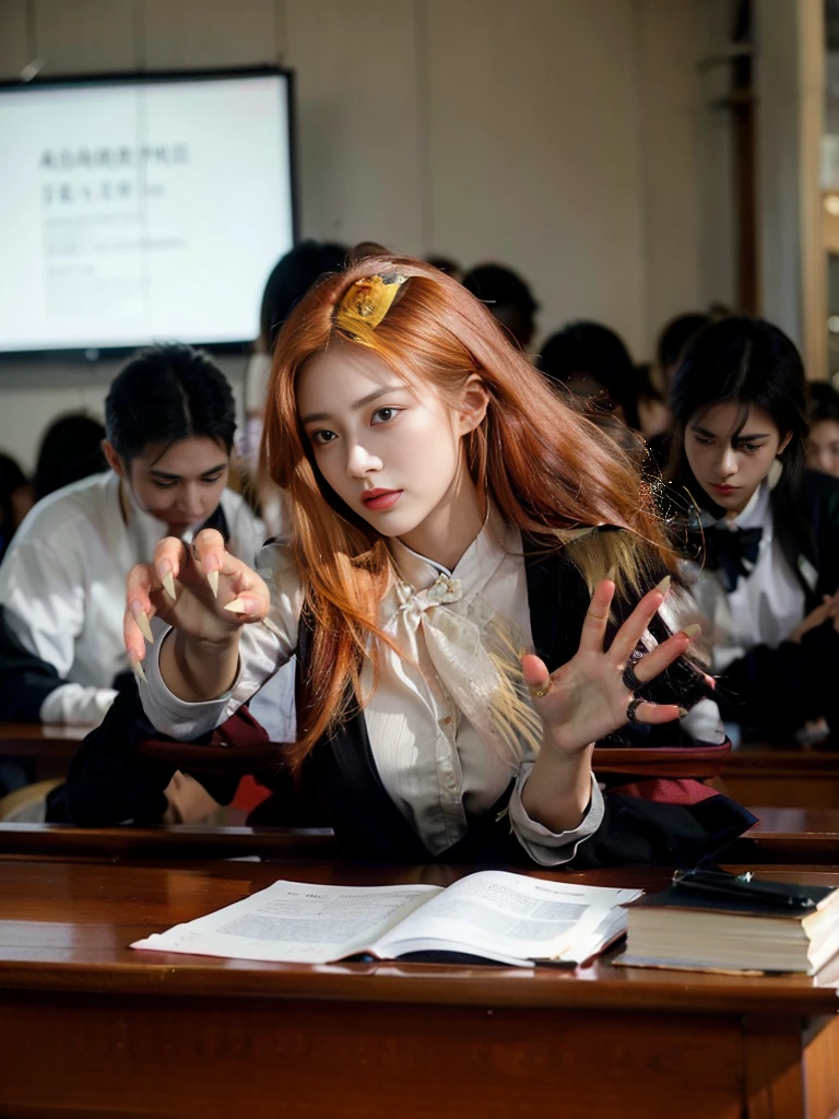 a girl with long red hair and a bow in her hair, chinese model, beautiful, asian, pretty nezuko, ayaka genshin impact, rin tohsaka, official artwork, demon slayer, tanjiro kamado, flaming katana, kawacy, anime visual of a cute girl, long sharp fingernails,