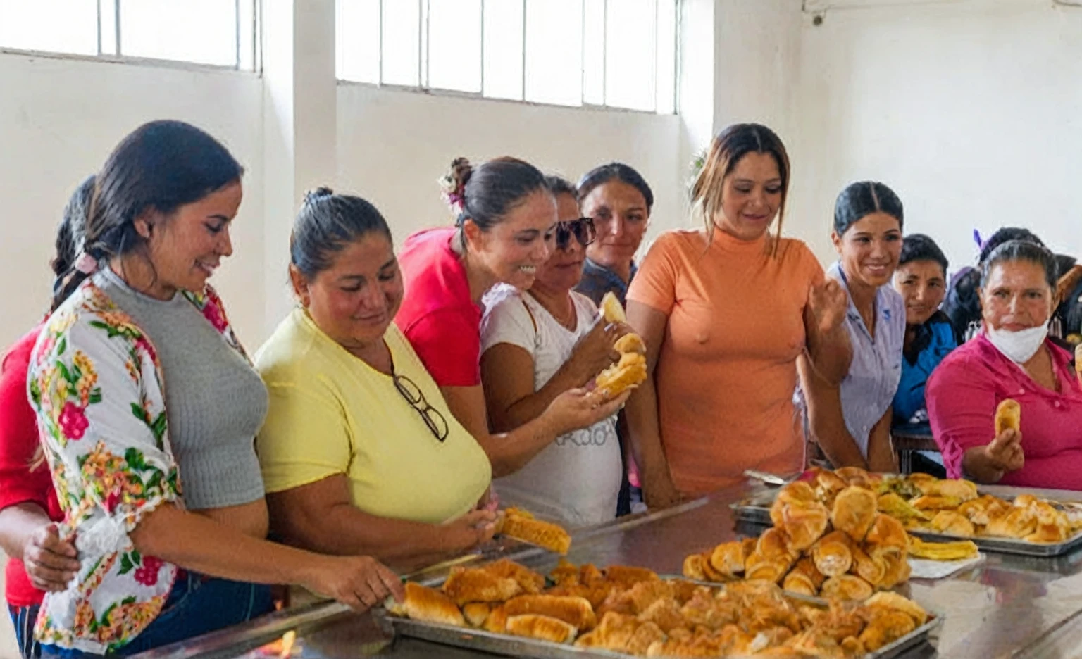 several women are standing around a table with trays of food, bolivian cholitas, cuban women in havana, colombian, 2995599206, 2708519935, carla ortiz, 2654465279, 1614572159