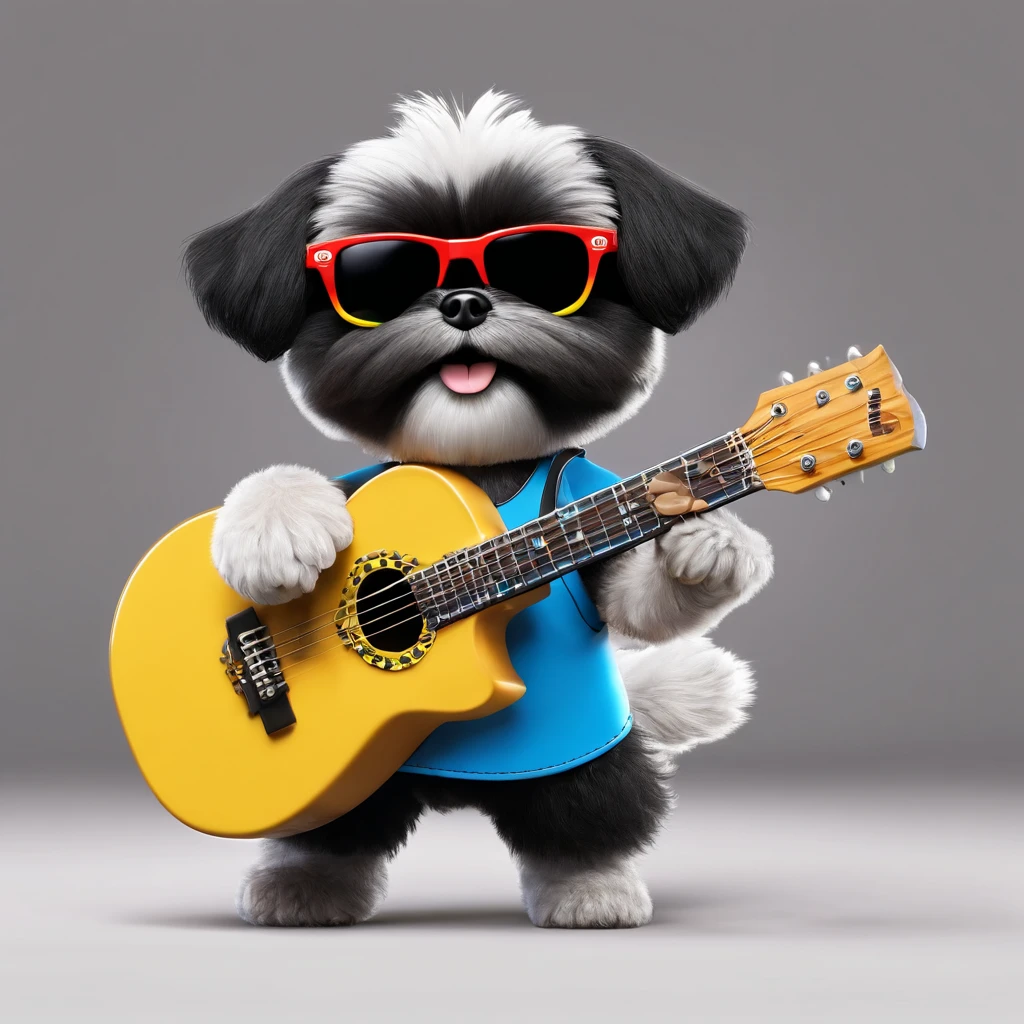 Adorable small happy black Shih Tzu wearing sunglasses playing guitar on stage Pixar 3D cartoon
