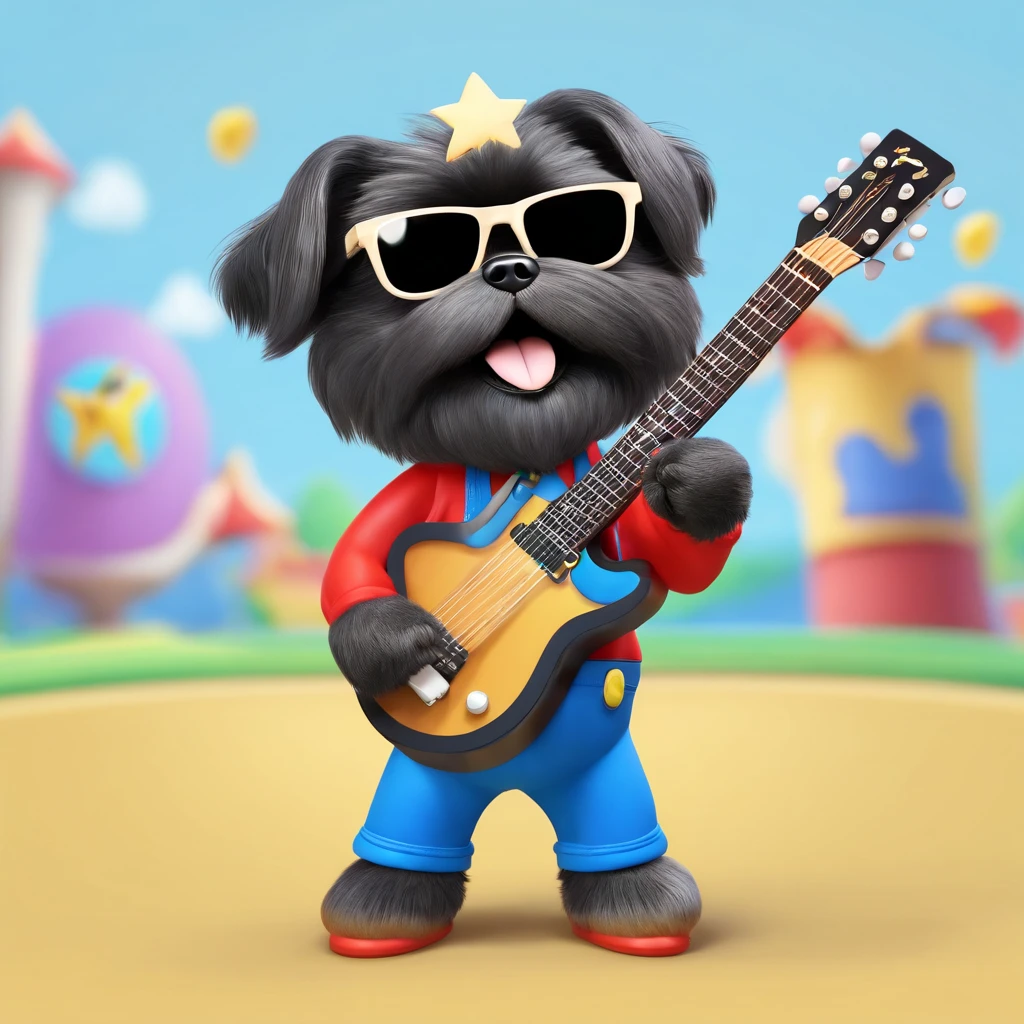 Adorable small happy black Shih Tzu wearing sunglasses playing guitar on stage Pixar 3D cartoon