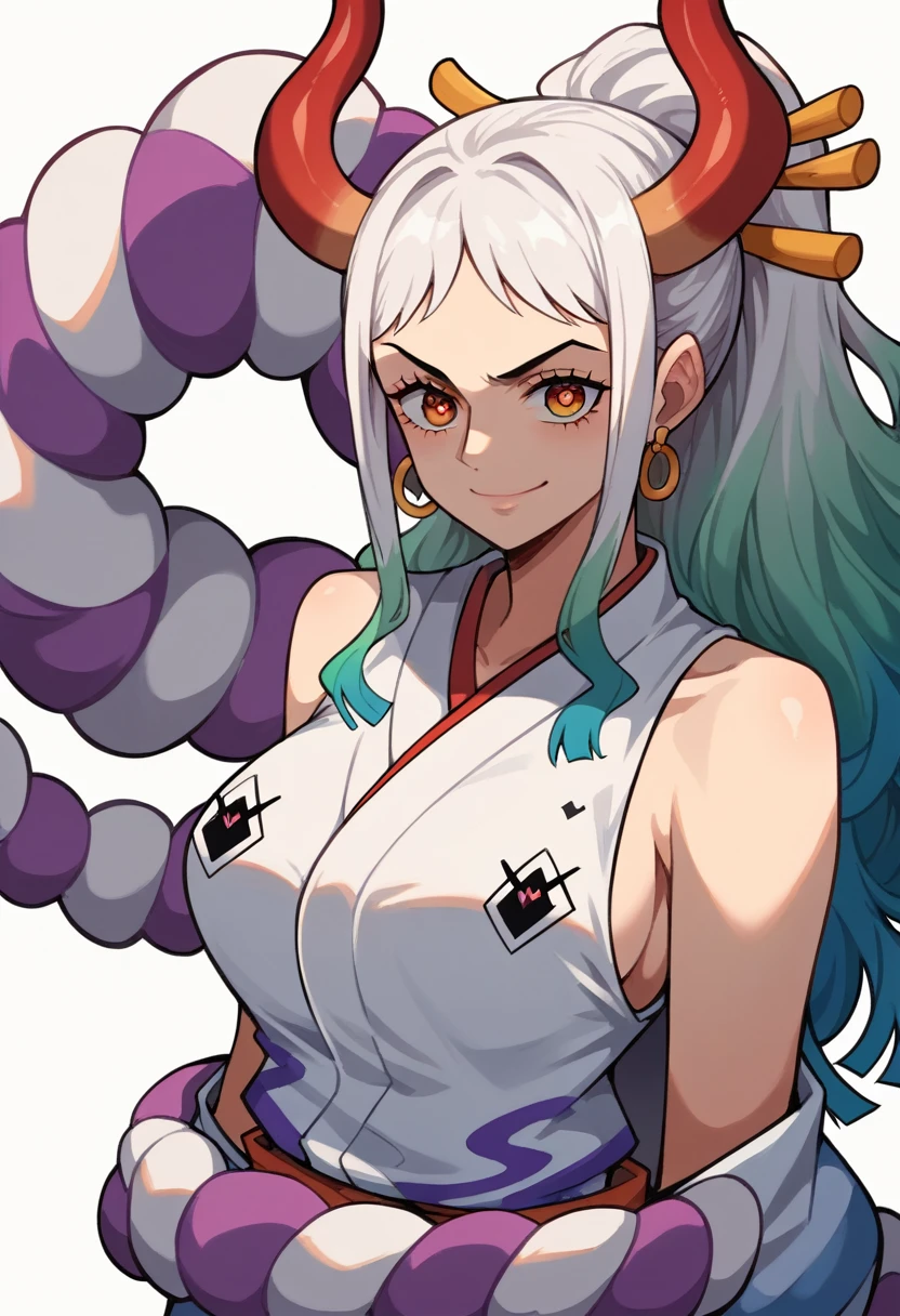 score_9,score_8_up,score_7_up,score_6_up, yamato \(one piece\), 1girl, solo, japanese clothes, multicolored hair, jewelry, earrings, sleeveless kimono, hair ornament, kimono, curled horns, long hair, oni, upper body, smile, rope, breasts, hair stick, sleeveless, shimenawa, white background, closed mouth, hoop earrings, bare shoulders, simple background, ponytail, large breasts, (((heart shaped eyes))), Contains semen big condom hold in mouth, Spread legs wide, Large quantity semen overflowing from the vagina, Pubic tattoo, Big pelvis, ((Take off kimono)), ((Undressing kimono)), Detailed pussy, 
