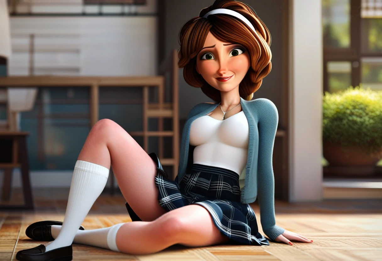 beautiful aesthetic, very intricate, high quality details 1girl, Aunt CassBig hero 6 fully clothes, hairband, white hairband, smile, BREAK skirt, school uniform, socks, cardigan