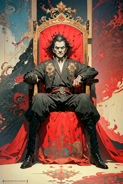 Masterpiece, Ultra-Detailed portrait, detailed illustration, high quality, high resolution 16k man in a crown sits on a throne with a sword, the great stokor king, lord of hell on the throne, The Medieval Old King, King Richard the Lionheart, the king of death, The King of Hell, Richard IV king of Rome, Sitting on the Iron Throne, Anato Finnstark!!, Robert De Niro as Medieval Joker, Jaime Lannister, cloud,colorful, ink