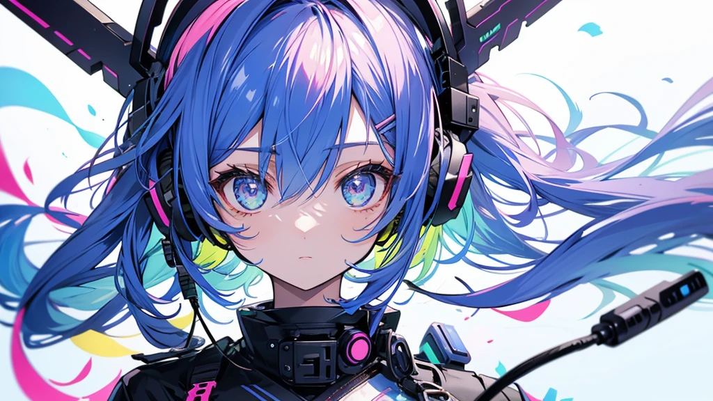Girl wearing headphones。Colorful Hair。