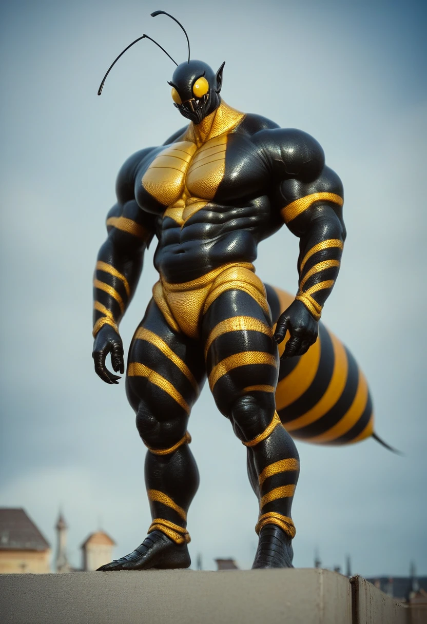 ((absurdres)) perfect whole body, ultra photorealistic, top quality, Photorealistic, ((16k UHD)) High Definition, high-res, ultra sharp, masterpiece, the best quality, intricate details, detailed eyes, perfect face detailed face, (((in a capital city town))) orange goggles, masterpiece, highly detailed exquisite character art, perfectly detailed anatomy, detailed body, detailed pecs, hyper pecs, thick thighs, (((sunny weather))) (((natural lights))), ultra-realistic, (((1male))) ((tall muscular man male humanoid)), bald, humanoid yellow skin, bee anatomy, deity, god of honey bees, humanoid black & yellow skin tone, yellow hue, powerful humanoid appearance, compound eyes, stinger, abdomen, metallic scales, scales. Metallic armour, wings, elf ears, glossy skin, large smirking face, flying in the sky, mandibles, Antenna, honey, ((male muscular stripe black & yellow humanoid insect honey bee)) (((yellow skin))), (((black skin)))