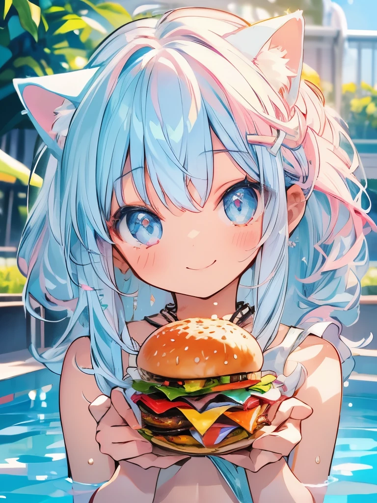 masterpiece、Girl about 5 years old、Light blue hair、Light pink hair、Long Hair、Sparkling eyes、Cat ear、smile、Swimwear、Pool、bright、(((Have a burger)))
