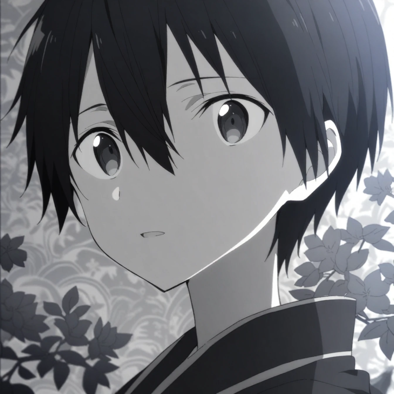 Beautiful anime portrait,Black and gray monochrome，Oriental Wallpaper，Pink，Feeling，very anime style，1boy,Kirigaya Kazuto,Kirito ,Flowers，Close-up，Soft Light，Rich in details，The expression is firm，Kimono decoration，Background blur，Vivid colors，情Feeling深沉，front，Black eyes