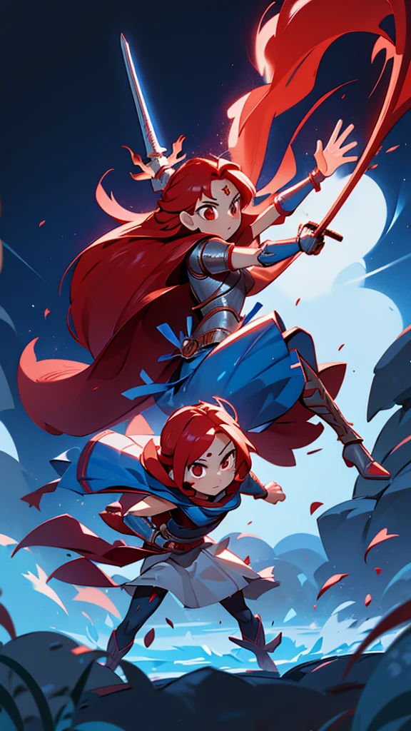  A sexy girl honest warrior bright red hair long straight hair her light red eye she wears silver armor covered in a blue metal skirt brown boot long power she throws flexible sword invisibility