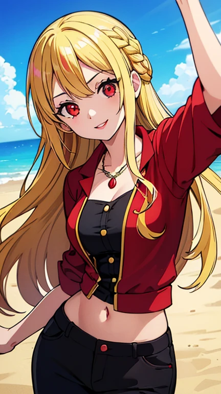 Beautiful anime girl, solo, 1girl, looking at viewer, cute, beautiful, red eyes, long hair, open hair, blonde hair, braided hair, StrawHat, one piece, smiling, light skin, red lips, anime, best quality, masterpiece, extremely detailed, 4k, red eyes, beautiful red eyes, detailed face, detailed eyes, golden necklace, golden earings, standing, extremely beautiful, high quality eyes, hair covering one eye,  wanostyle, ((masterpiece)), (best quality), (extremely detailed), depth of field, sketch, dark intense shadows, sharp focus, soft lighting, hdr, colorful, good composition, spectacular, (Highest quality illustrations:1.2), (Kawaii Girl:1.1), (1girl in, solo:1.5), One pose、Neat and clean image、ultradetailed eyes:1.2), ((red-eyed、Blonde hair:1.5))、hair wavy、curlyhair, hair wavy、BREAK(top-quality、ultra-detailliert、highly detailed and beautiful、超A high resolution、Detailed arm:1.2)、a closeup, Wink, ocean beach background, pirate, high quality jewelry, thin body, black top, open red coat, black pants,