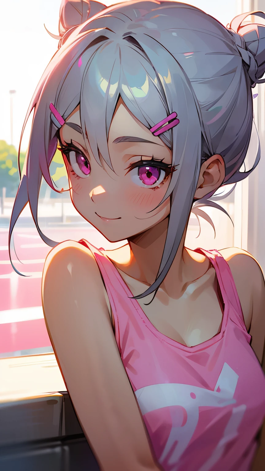 1girl、ultra long silver hair tied in a bun with a hair clip, Pink Eyes、smile、really like、Pink tank top、hot pants、Upper body close-up、Morning Cafe Terrace、Background blur, Written boundary depth