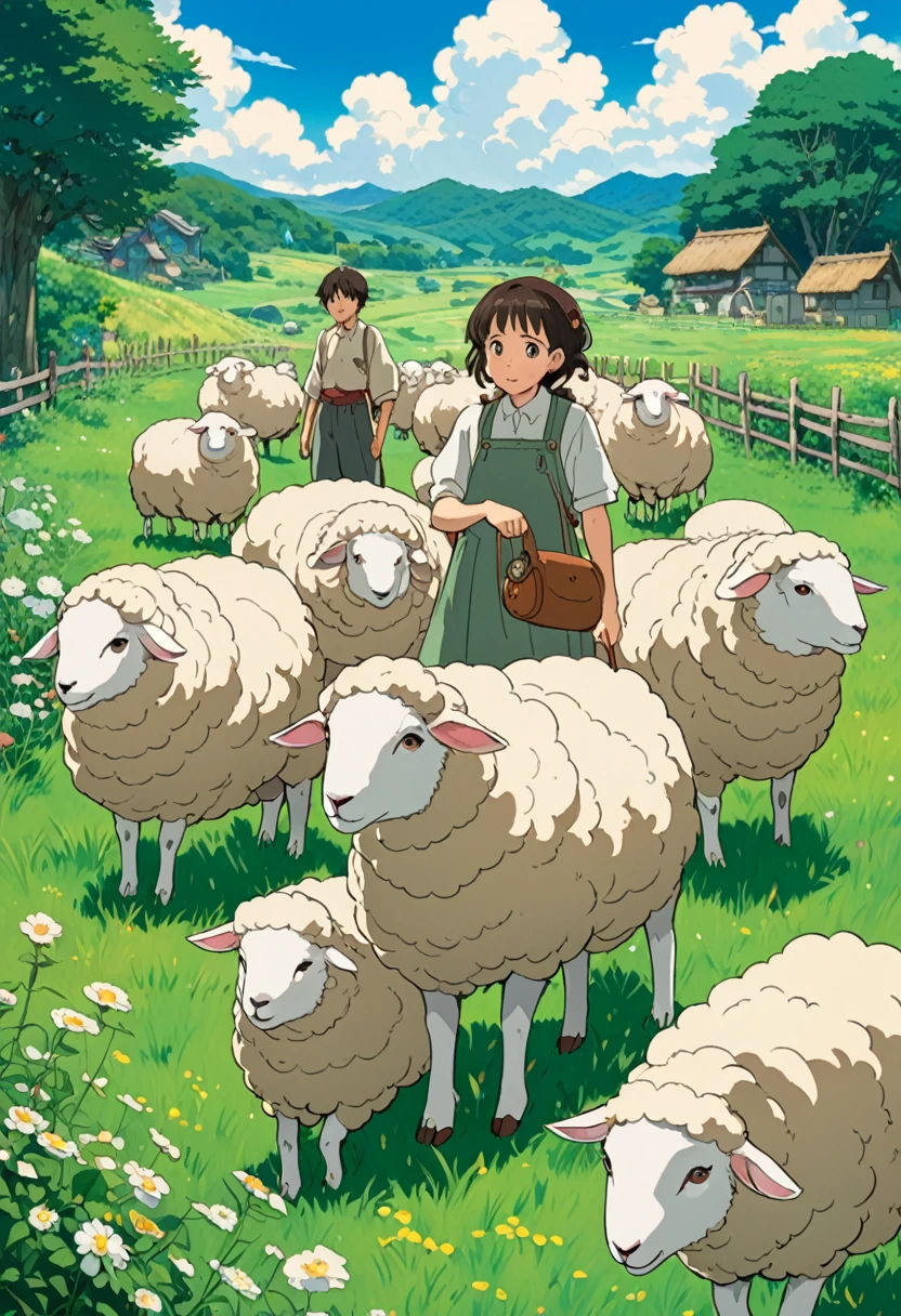 Studio Ghibli-style anime movies, Movie stills, Highest quality, masterpiece, Representative works, Official Art, Professional, Super intricate details, 8K, sheep