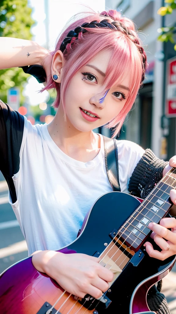 (masutepiece), (Portrait), (Aesthetic), (cute little), (upper blody), (High quality), (aesthetic clothings), (professional angle), (thirds rule), (Feminine), (Woman), , (Beautiful),(Feminine features), (18year old:1.4), Solo, 1 woman, (Charming punk girl), Blue eyes,faces、(A smile:1.5),(facing front:1.2),Dramatic light, ((Playing guitar)), Edgy makeup, (Small bust), ((electric guitar)), (Front face), (Leather jackets and tattoos), ((Short hair)), (dyed (E.G. and pinks) hair), (spiky hair), (Thick hair), Matte Shine Hair, (Hair bands scattered in the hair), (Bold and bold look), (pale skin), (Dark clothes), (Band T-shirt), (Ripped jeans), ((Urban alley background)), (up close shot), Beautiful hands, Two hands, normal hands, Two arms, complete hands, Beautiful body, Beautiful fingers, normal fingers, Five Fingers, Five Fingers, (Thumb index finger ring finger), Beautiful ears, normal ears, Beautiful eyes, shiny eyes, Beautiful mouth, Beautiful lips,Medium hair with pink hair, (Pink hair), Ear Hair, , Single braid, (Single braid), (Side braid)