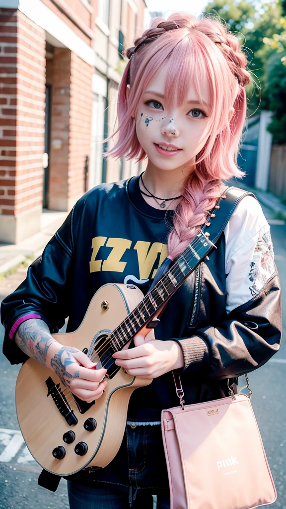 (masutepiece), (Portrait), (Aesthetic), (cute little), (upper blody), (High quality), (aesthetic clothings), (professional angle), (thirds rule), (Feminine), (Woman), , (Beautiful),(Feminine features), (18year old:1.4), Solo, 1 woman, (Charming punk girl), Blue eyes,faces、(A smile:1.5),(facing front:1.2),Dramatic light, ((Playing guitar)), Edgy makeup, (Small bust), ((electric guitar)), (Front face),  (Leather jackets and tattoos), ((Short hair)), (dyed (E.G. and pinks) hair), (spiky hair), (Thick hair), Matte Shine Hair, (Hair bands scattered in the hair), (Bold and bold look), (pale skin), (Dark clothes), (Band T-shirt), (Ripped jeans), ((Urban alley background)), (up close shot), Beautiful hands, Two hands, normal hands, Two arms, complete hands, Beautiful body, Beautiful fingers, normal fingers, Five Fingers, Five Fingers, (Thumb index finger ring finger), Beautiful ears, normal ears, Beautiful eyes, shiny eyes, Beautiful mouth, Beautiful lips,Medium hair with pink hair, (Pink hair), Ear Hair, , Single braid, (Single braid), (Side braid)