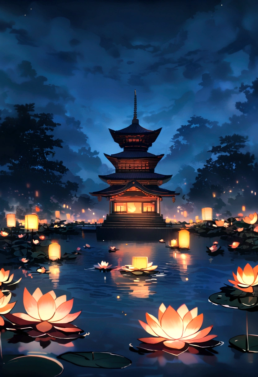 Many water lilies floating in the pond,There is a hazy mist on the water,There is a pagoda beside the pond.,Beautiful Lights,Night Lanterns,Peaceful evening atmosphere
