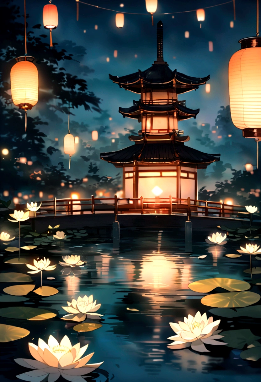 Many water lilies floating in the pond，There is a hazy mist on the water，There is a pagoda beside the pond.，Beautiful Lights，Night Lanterns，Peaceful evening atmosphere