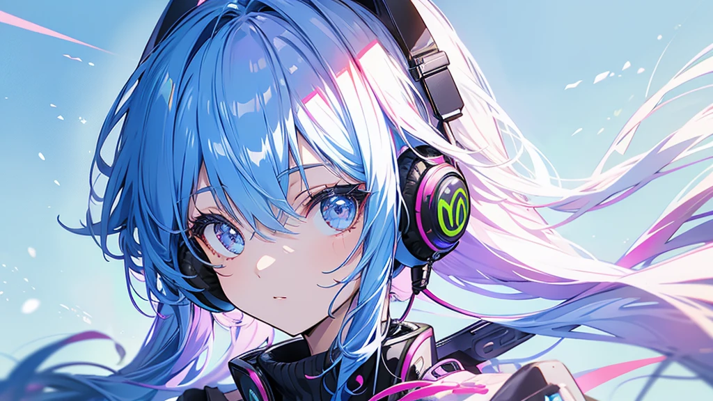 Girl wearing headphones。Colorful Hair。