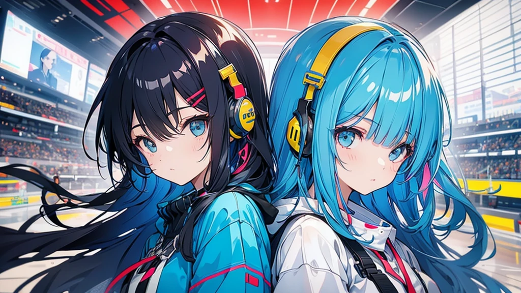 Girl wearing headphones。Colorful Hair。