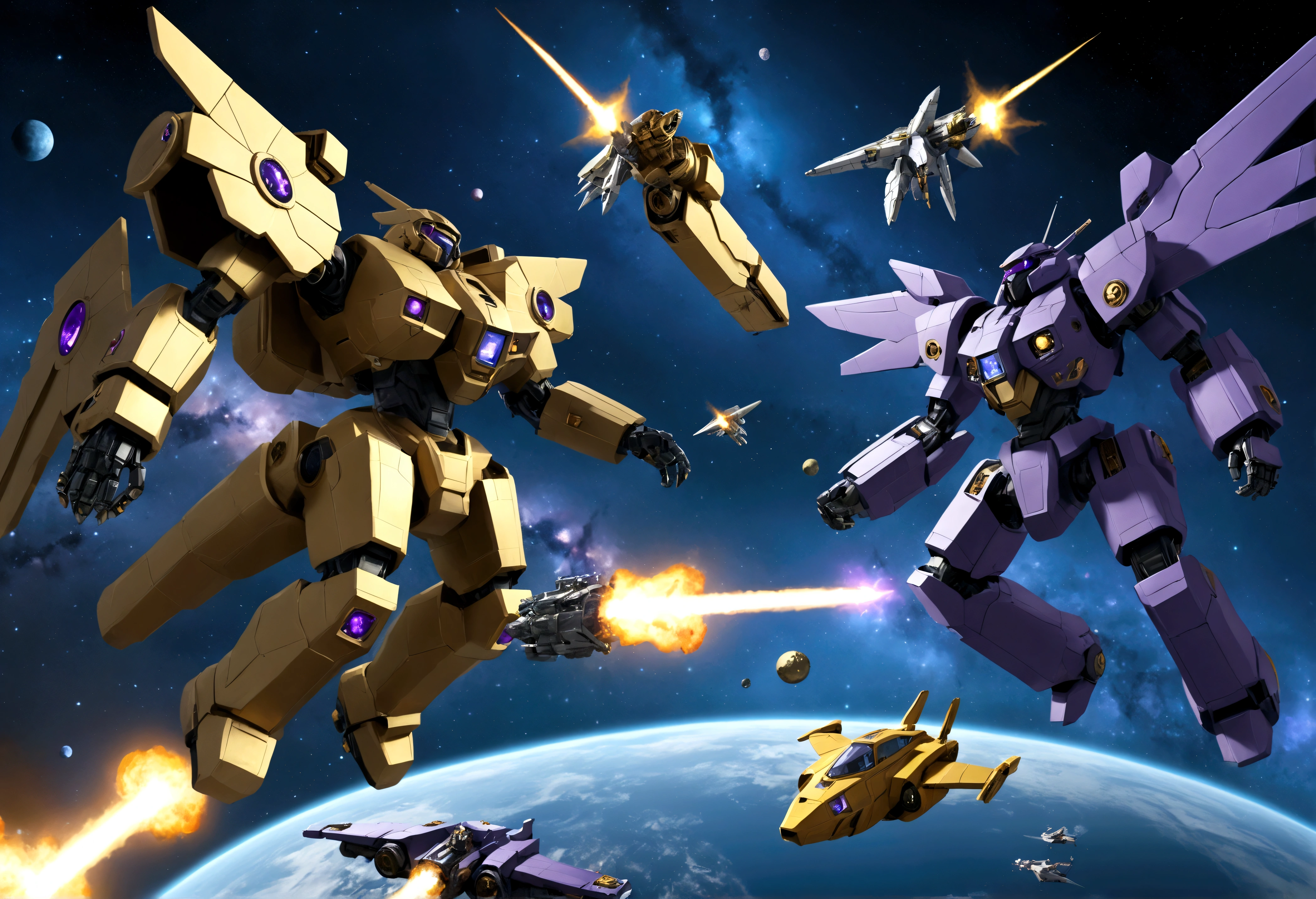 (A group of space warships themed around gold and religious motifs and angels) is in a shooting space battle with a force of cold robotic foes (violet and chrome color scheme, big cannons, humanoids giant robots) Deep space battle, lots of stars, small fighteer craft explode and fight one another as the big ships launch devastating volleys at one another