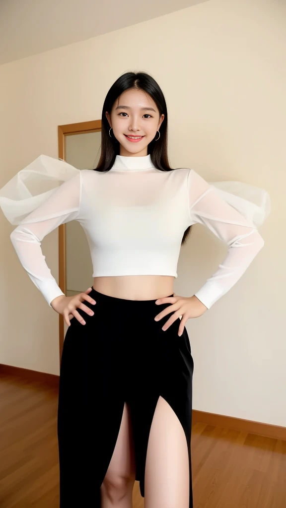 wonderful young girl,Clear eyes,black礼服, curvy arms, Incredibly beautiful, Confident smile，Strong posture, very beautiful, arms aside, 4 legs!, Showing legs,Long legs,black,Normal hand, Slender figure,21 years old,Korean