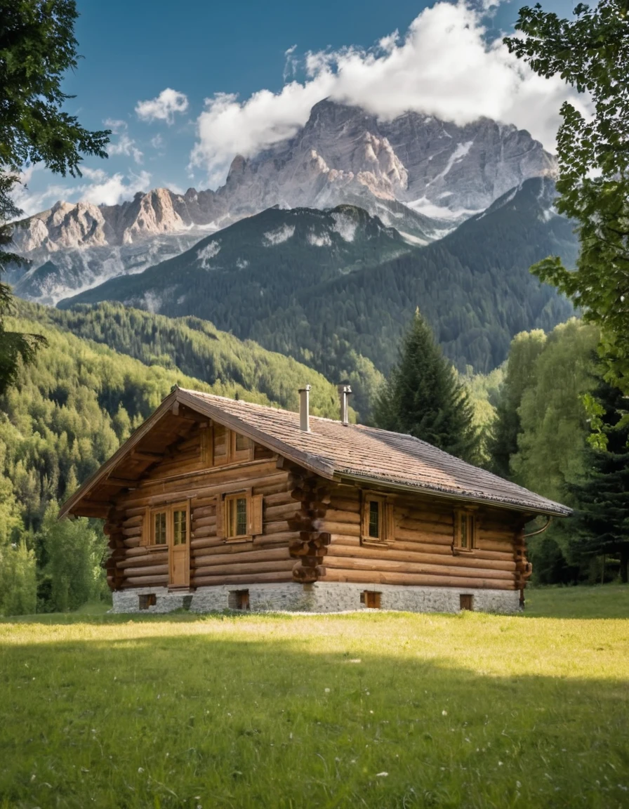 arafed log cabin with a mountain in the background, log cabin beneath the alps, cabin in the woods, wood cabin in distance, log cabin, log homes, cabin, peaceful environment, integrated in the mountains, solitary cottage in the woods, a brick cabin in the woods, setting in nature, wooden cottage, all in the amazing outdoors view, old cabin