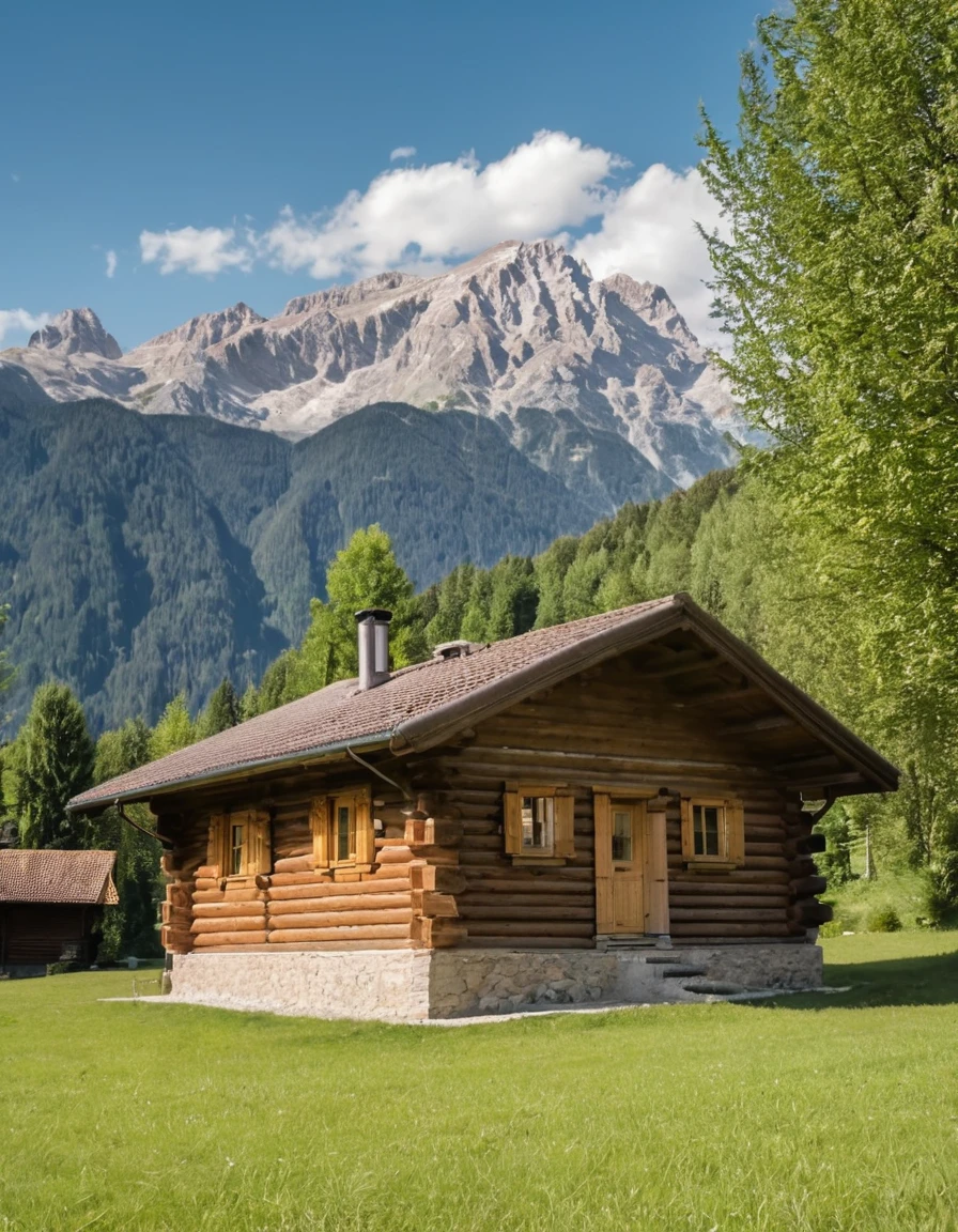 arafed log cabin with a mountain in the background, log cabin beneath the alps, cabin in the woods, wood cabin in distance, log cabin, log homes, cabin, peaceful environment, integrated in the mountains, solitary cottage in the woods, a brick cabin in the woods, setting in nature, wooden cottage, all in the amazing outdoors view, old cabin