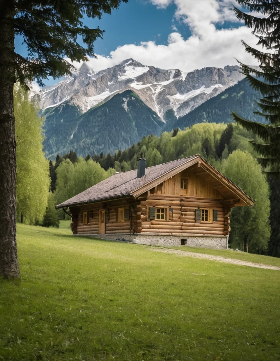 arafed log cabin with a mountain in the background, log cabin beneath the alps, cabin in the woods, wood cabin in distance, log cabin, log homes, cabin, peaceful environment, integrated in the mountains, solitary cottage in the woods, a brick cabin in the woods, setting in nature, wooden cottage, all in the amazing outdoors view, old cabin