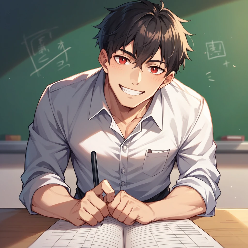 Fresh male, teacher's uniform, short black hair, red eyes, smile